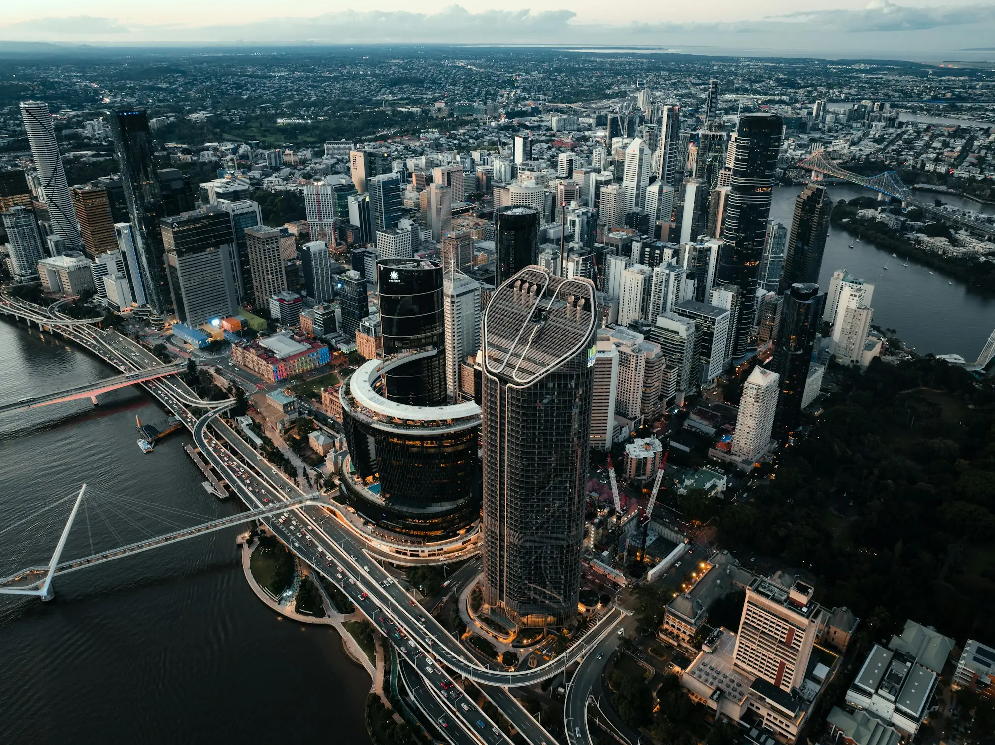 Aerial cityscape of modern Brisbane