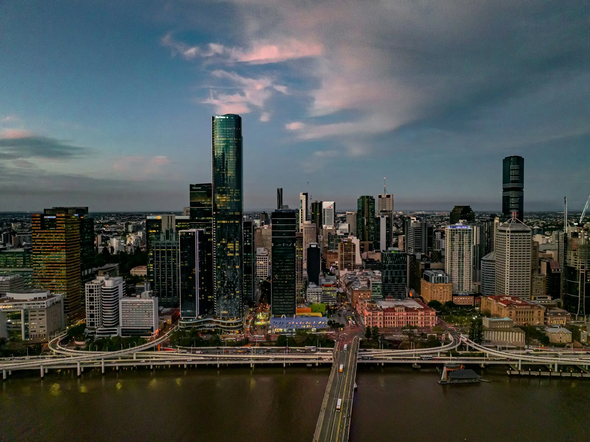 Brisbane city skyline rising above the river