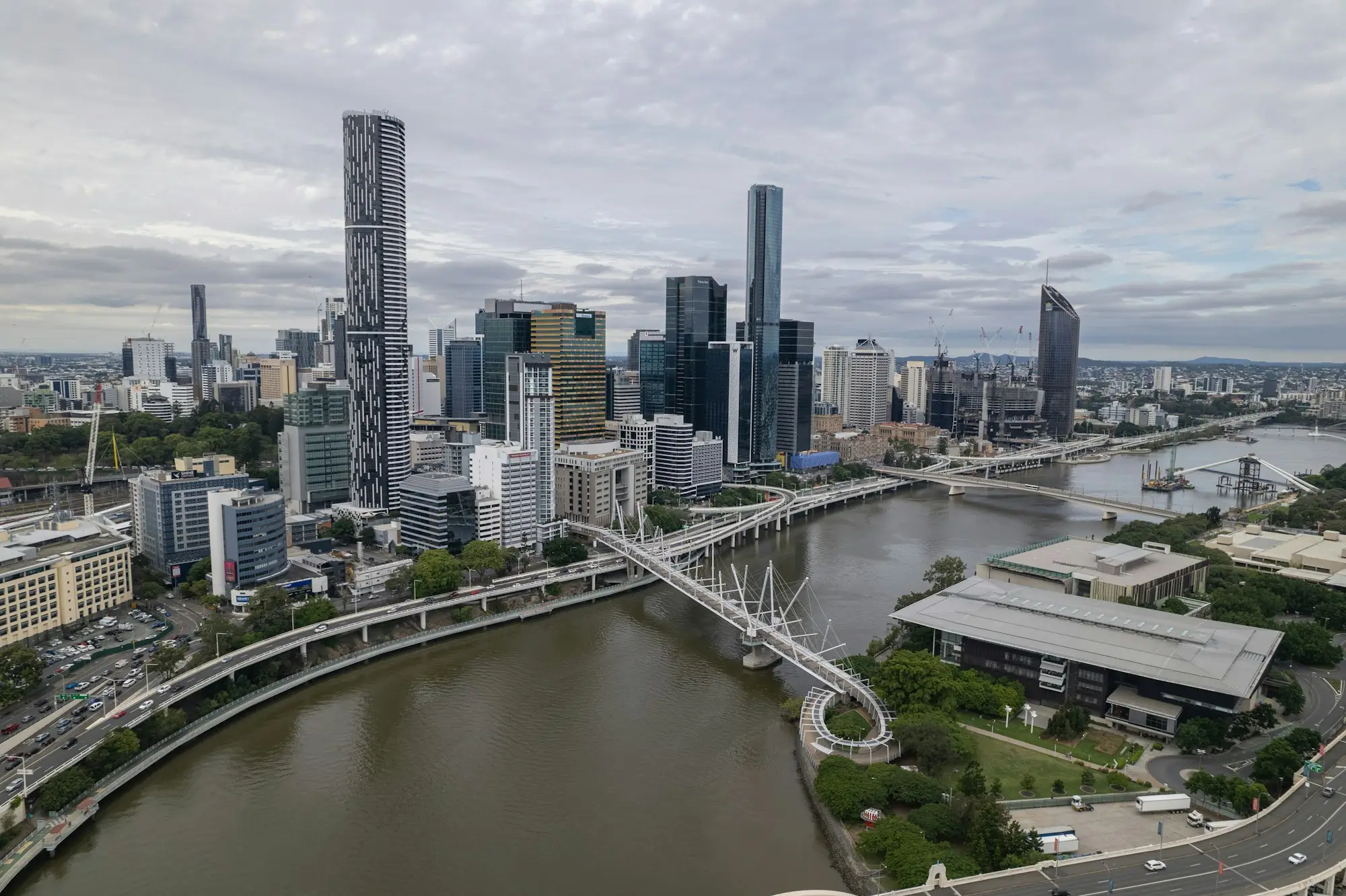 Aerial view of Brisbane with the river winding through the city