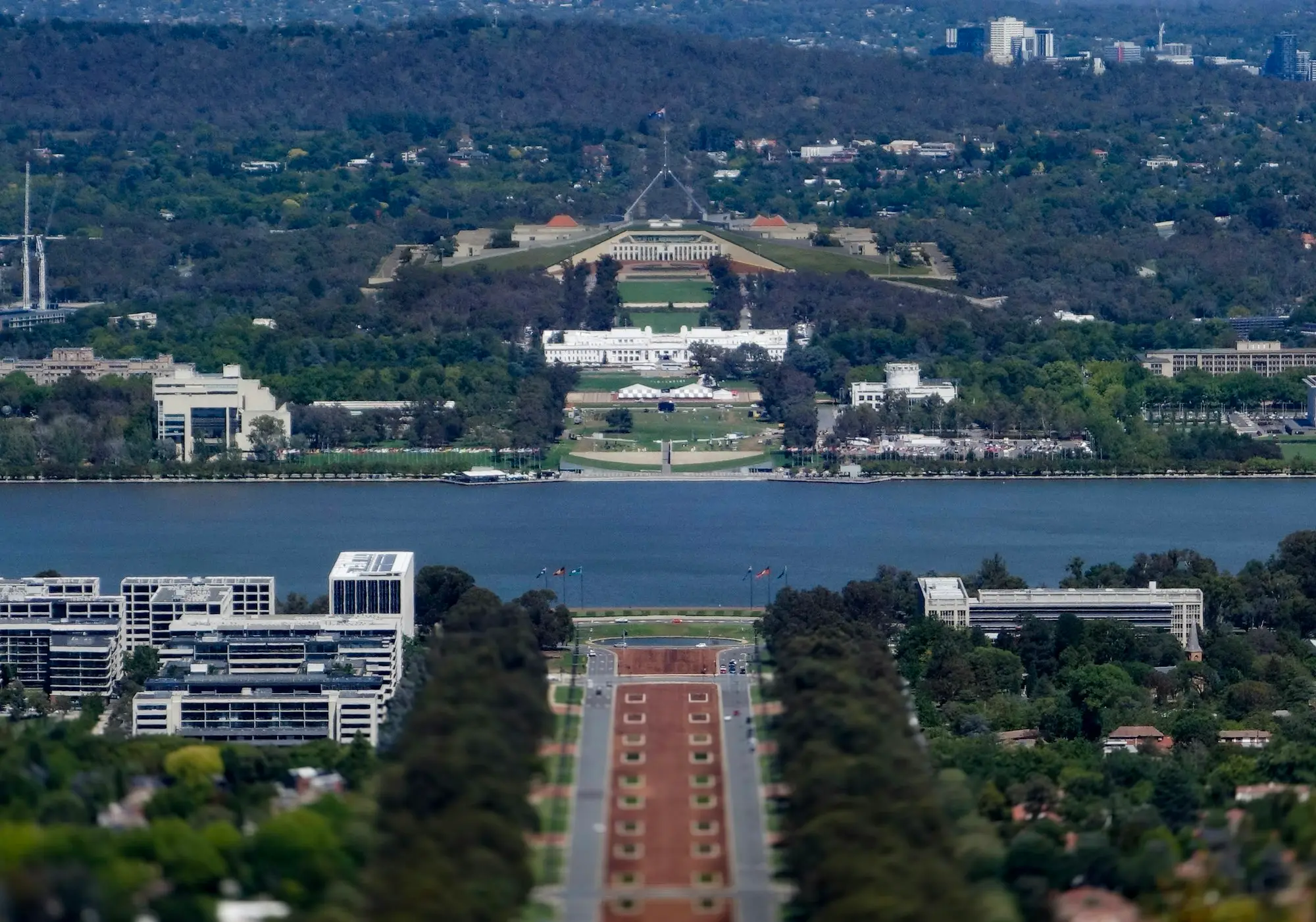 Canberra cityscape with the lake and Parliament House in the distance