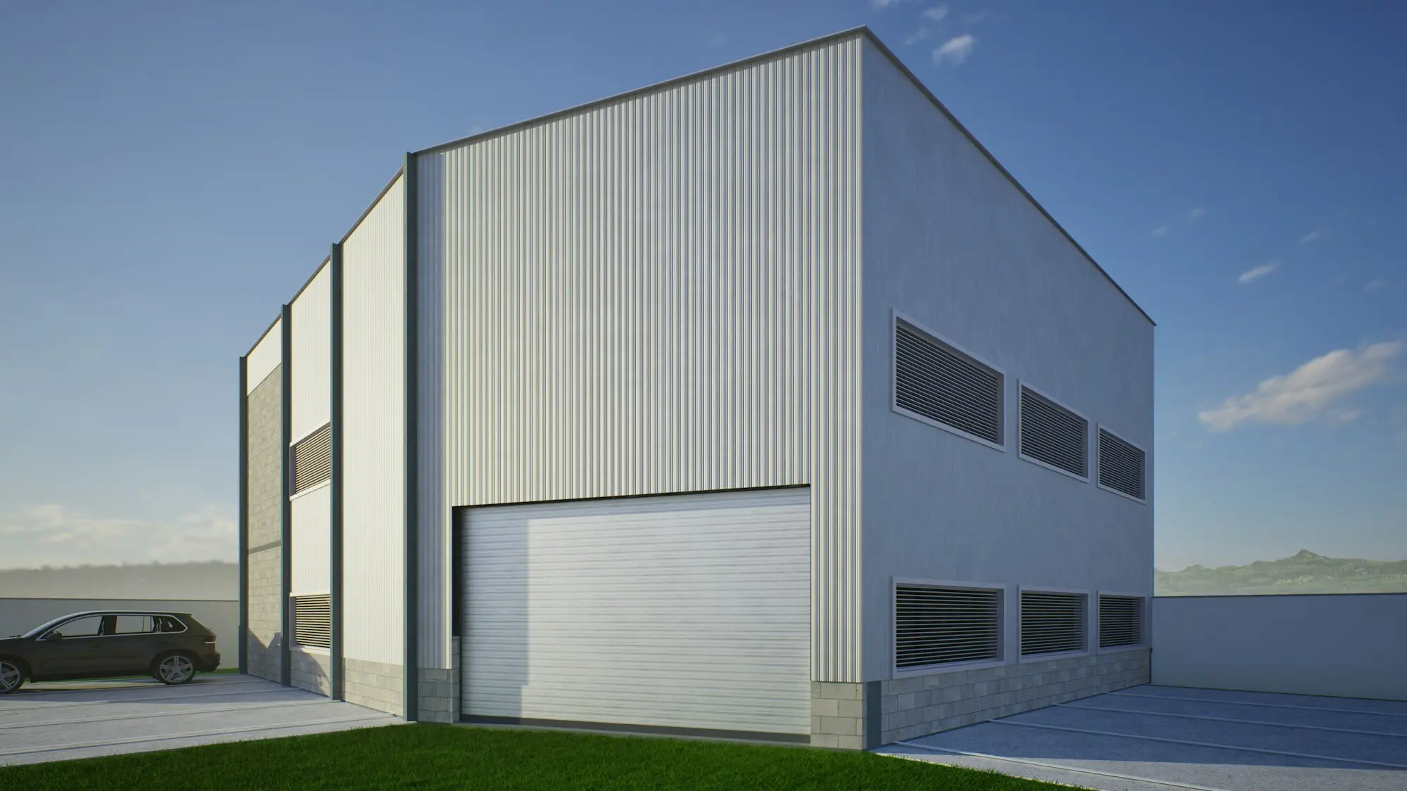 Modern industrial unit with a large roller door