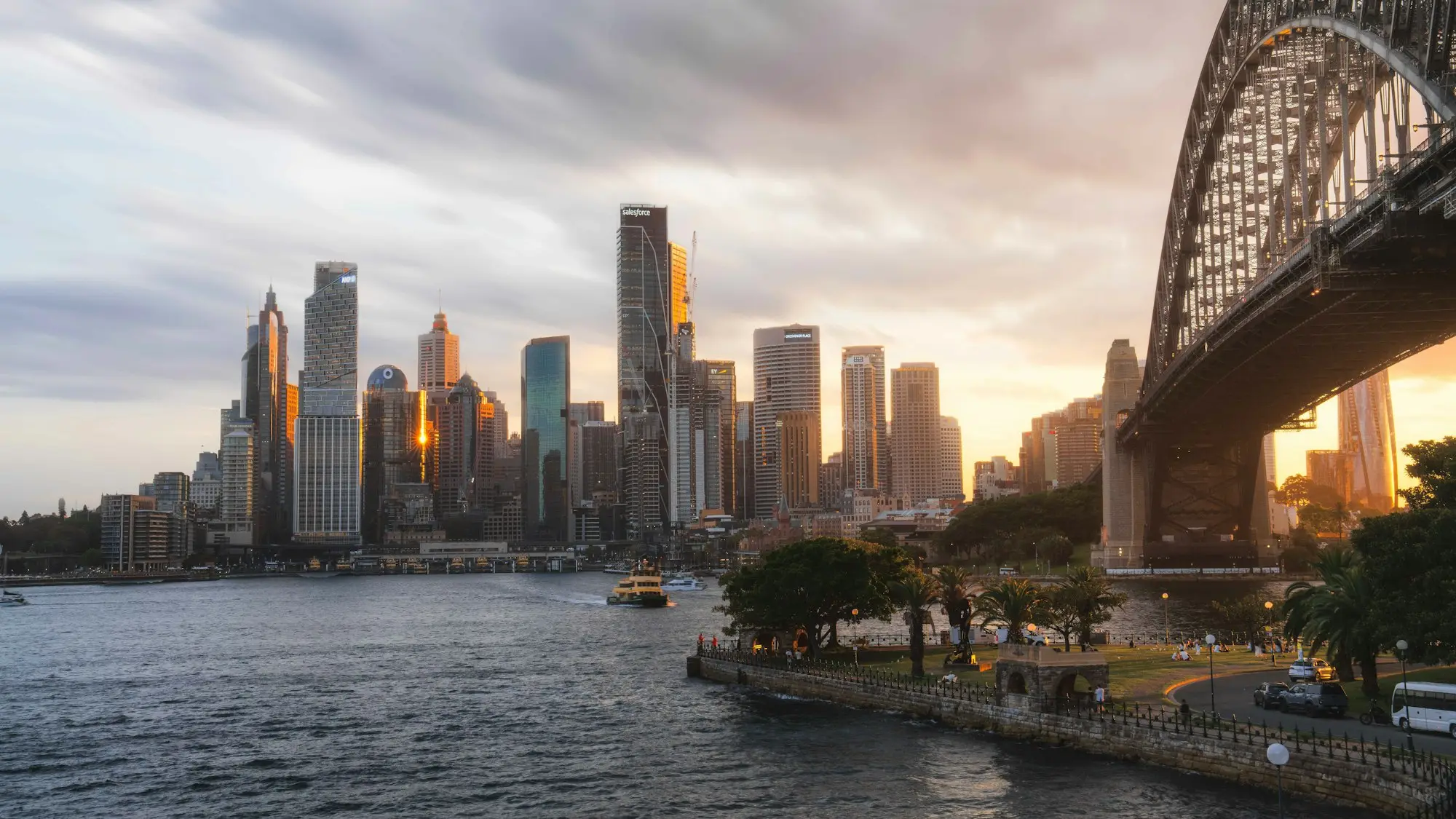 Sydney skyline and Harbour Bridge at sunset
