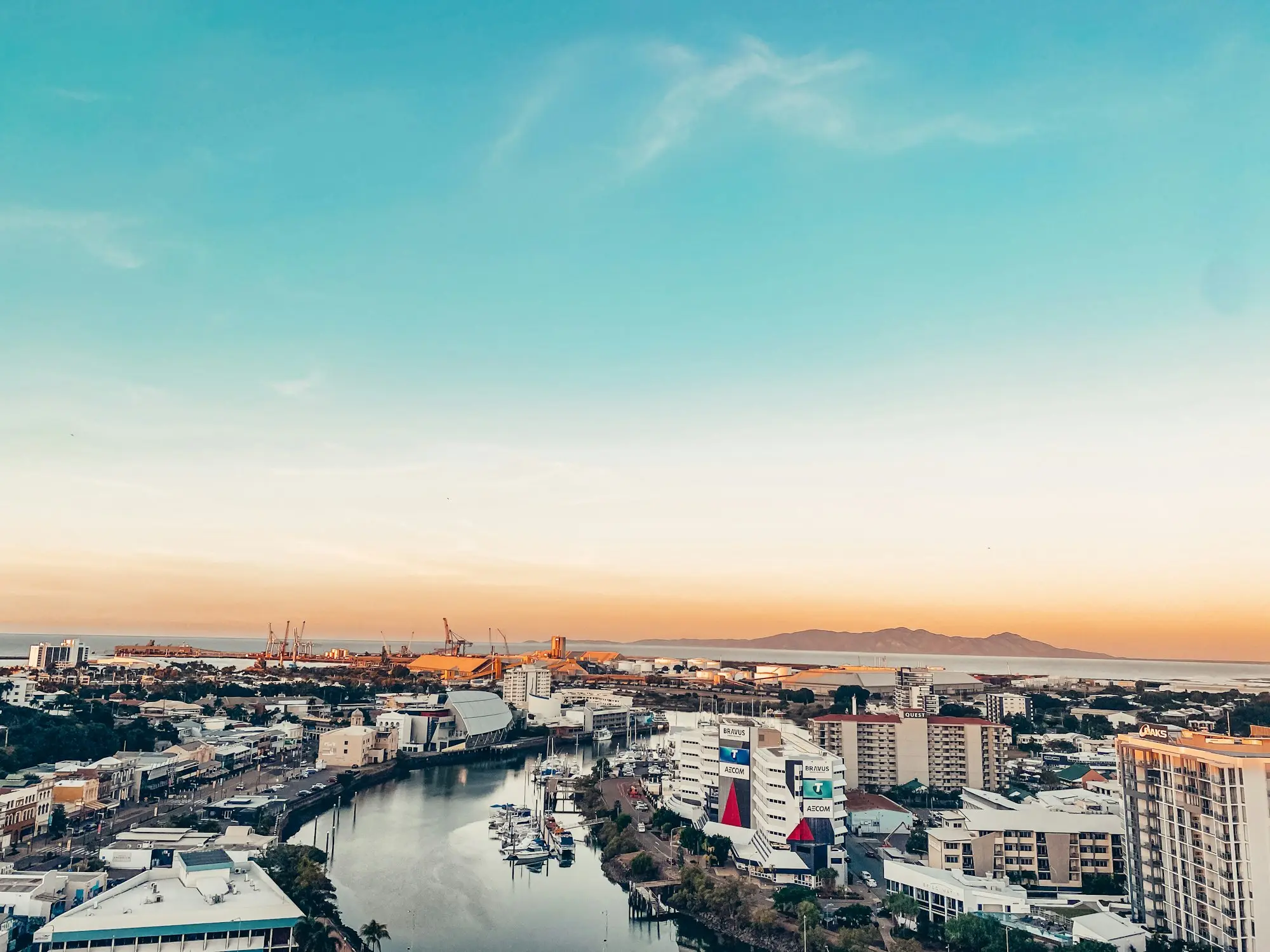 Aerial view of Townsville with a river running through the city